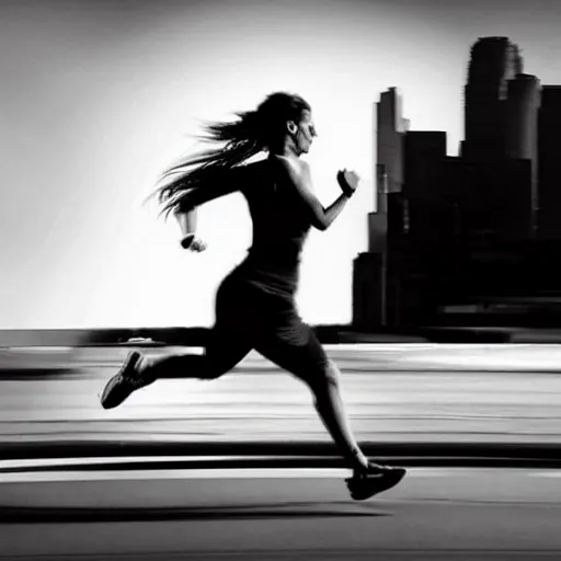 Image similar to A woman running, still from Sin City, red colour highlights