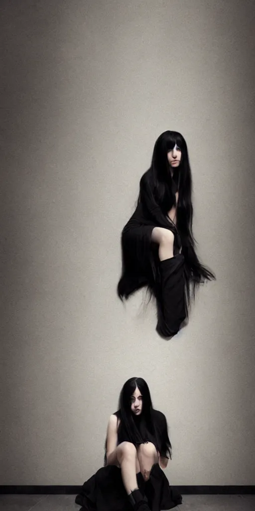 Image similar to a young girl with straight long black hair wearing black dress and sitting on bathroom floor, art by artgem, greg rutkowski and mario testino