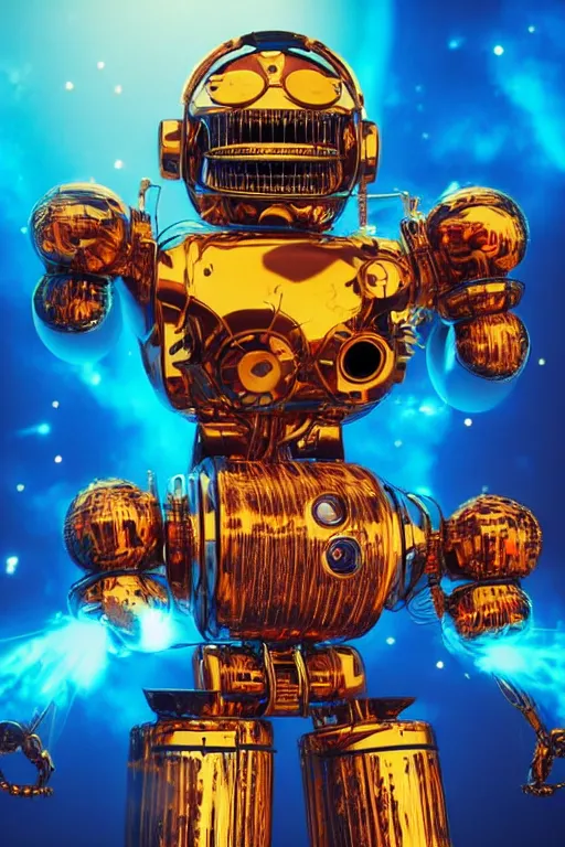 Image similar to portrait photo of a giant huge golden and blue metal humanoid steampunk robot singer with headphones and big gears and tubes, robot is falling apart, eyes are glowing red lightbulbs, shiny crisp finish, 3 d render, 8 k, insaneley detailed, fluorescent colors, background is multicolored lasershow