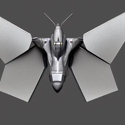 Prompt: cyberpunk moth with wings spread, gunmetal grey, very symmetrical, orthographic view, top down view, bottom view, side view, blueprints, mecha, lockheed martin f - 3 5 lightning ii, fighter jet, cybernetic, robotic, highly detailed, artstation, autodesk maya, super realistic, unreal engine