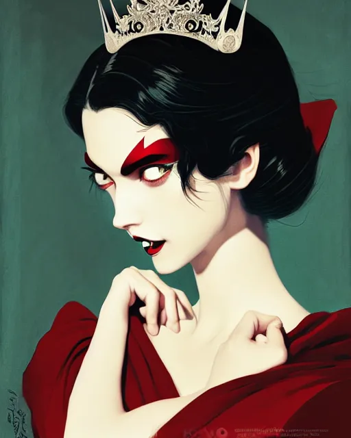 Image similar to beautiful vampire princess with tiara, symmetrical face, evil, portrait, cinematic, dramatic, powerful, super detailed and intricate, by koson ohara, by darwyn cooke, by greg rutkowski, by satoshi kon