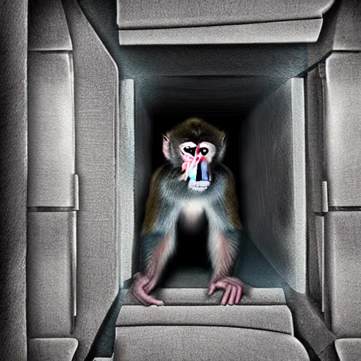 Image similar to macaque inside alien base, digital art, soft shadows, scary art