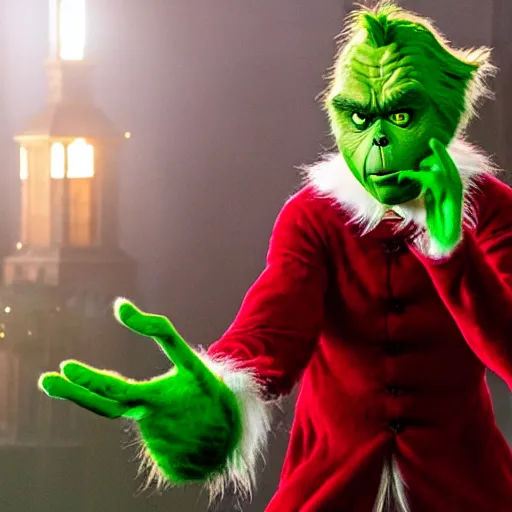 Image similar to The Grinch as Voldemort, high resolution photo, outfit photo pose