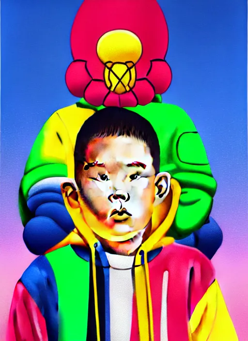 Prompt: kid wearing a hoodie by shusei nagaoka, kaws, david rudnick, airbrush on canvas, pastell colours, cell shaded, 8 k,