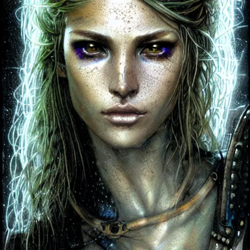 Prompt: an award finning closeup facial portrait by luis royo and john howe of a very beautiful and attractive female bohemian cyberpunk traveller aged 1 7 with green eyes and freckles in clothed in excessively fashionable cyberpunk gear and wearing ornate warpaint