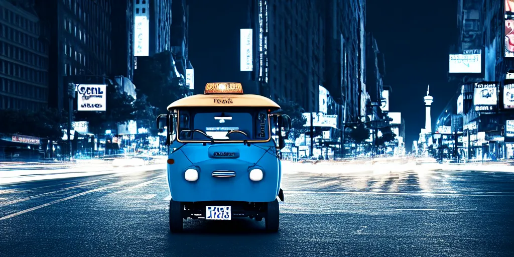 Image similar to an open frame blue tuk tuk going through a desolate manhattan city street at night, statue of liberty seen in the background, realistic 4 k octane beautifully detailed render, 4 k post - processing, highly detailed, detailed face, intricate complexity, epic composition, magical atmosphere, cinematic lighting, masterpiece, color picture, ultra hd