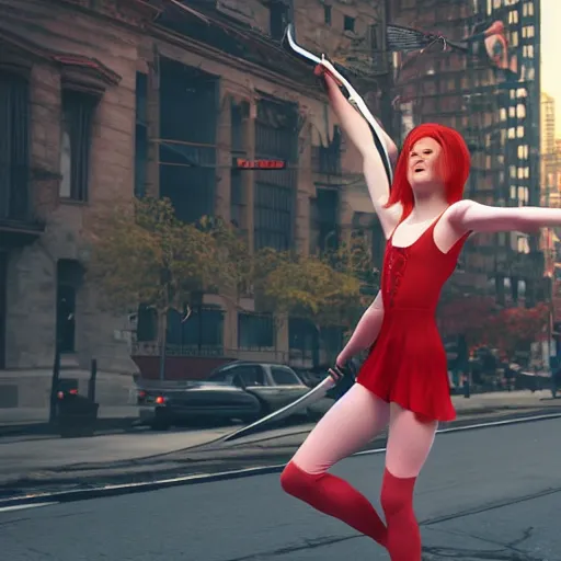 Prompt: a girl with a giant smile:: red hair:: pale skin:: wearing ballet clothes:: holding a wide sword:: standing in a busy street:: in New York city:: wide angle:: full body:: long shot:: volumetric lighting:: cinematic:: 8K:: octane render:: trending on artstation:: hyper realistic:: photo realistic:: by gregory crewdson