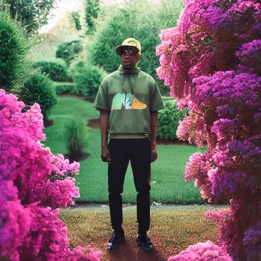 Prompt: a photo of tyler the creator standing in the middle of a garden, dramatic, ektachrome, vintage, wide angle, ultra - wide angle, warm color palette, light mode, 2. 5 - dimensional, 1 6 k, ultra - hd, megapixel, cga, rays of shimmering light, mist, screen space reflections