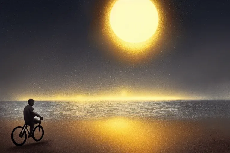 Image similar to photo of man riding a bicycle along the beach that is lit by glowing organisms underwater toward a lighthouse in the distance, silhouette wide horizon, large white clouds, intricate, elegant, highly detailed, digital painting, artstation, concept art, smooth, sharp focus, illustration, art by artgerm and greg rutkowski and fra angelico