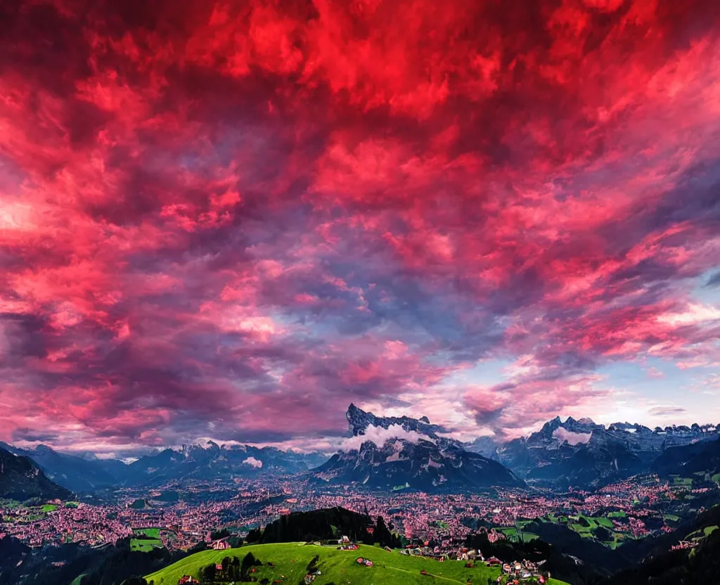 Prompt: Beautiful switzerland with red clouds