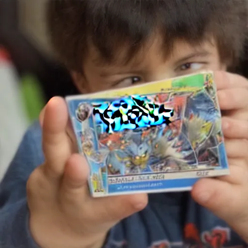 Image similar to boy showing his pokemon cards to the camera.