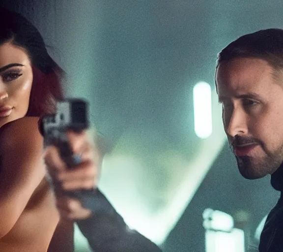 Prompt: a movie still of kylie jenner as joi aiming a gun with ryan gosling in the movie blade runner 2 0 4 9