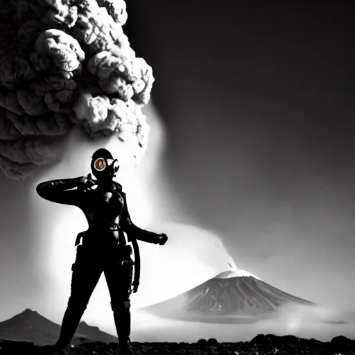 Prompt: A high armored woman with a gasmask standing in front of an erupting volcano, professional photography, black and white, cinematic, eerie