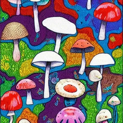 Prompt: a bunch of mushrooms that are on the ground, a jigsaw puzzle by ursula wood, pinterest contest winner, ecological art, psychedelic, colorful, i can't believe how beautiful this is