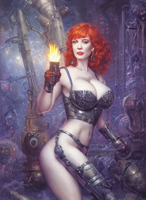 Prompt: Christina Hendricks as a muscled heroine staring into the camera, torch shadows, foggy night, intricate, elegant, highly detailed, donato giancola, Joseph Christian Leyendecker, WLOP, Boris Vallejo, Artgerm