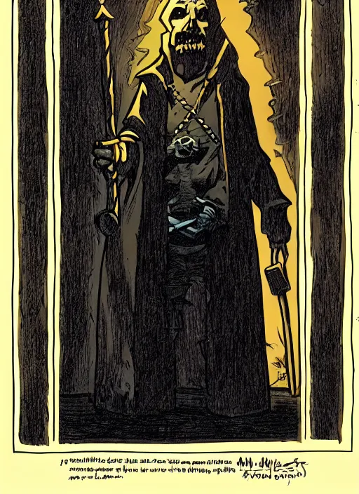 Image similar to highly detailed, hyper realistic wizard with a dungeon background by mike mignola