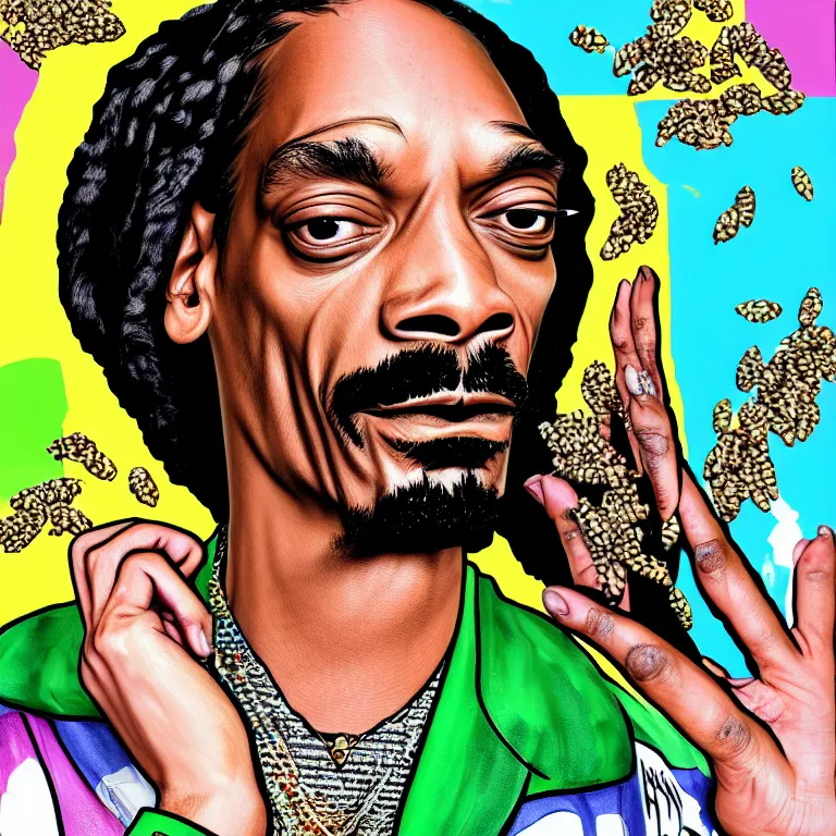 Image similar to snoop dogg smoke someone feet, gta vice city style, smooth painting, each individual seeds have ultra high detailed, 4 k, illustration, comical, acrylic paint style, pencil style, torn cosmo magazine style, pop art style, ultra realistic, underrated, by mike swiderek, jorge lacera, ben lo, tyler west