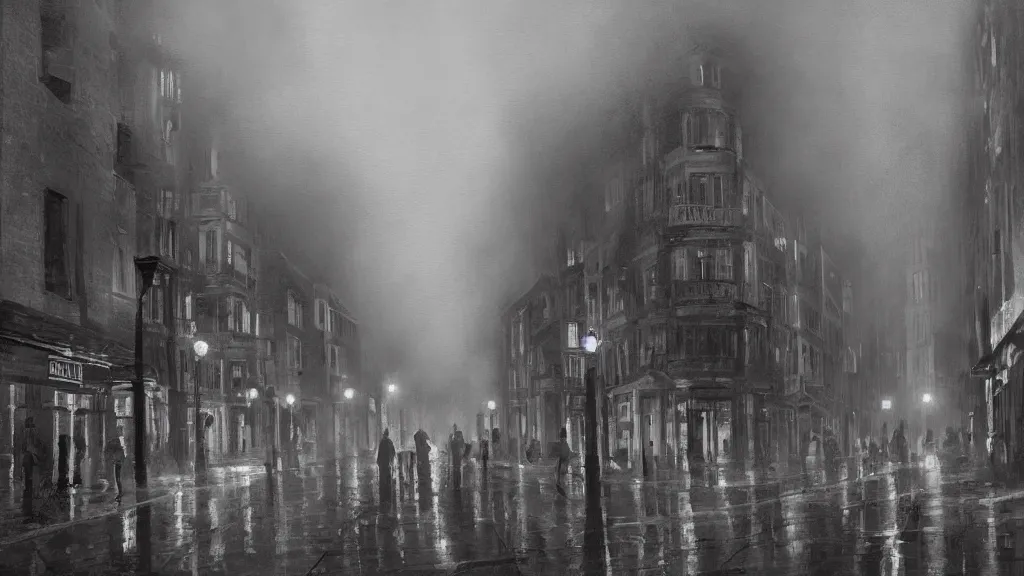 Prompt: old town with houses in the windows of which the light is on and a crowd of people on street. early morning, fog on ground, wet street. mike barr and nick lepard painting. volumetric light, dull colors, dark, noir arthouse, 3 5 mm, hight detalied, hd, 4 k