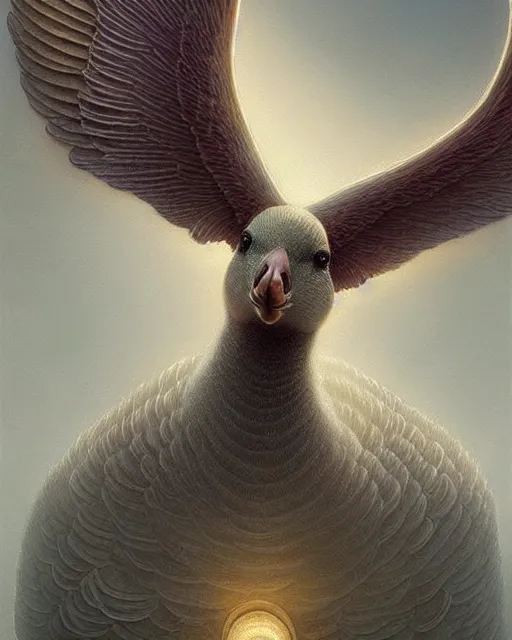 Image similar to complete and delicate portrait of a goose, beautiful, agile, fairy, myth, legend, detailed, trending on artstatioin, light effects, kilian eng, john harris, bastien lecouffe - deharme