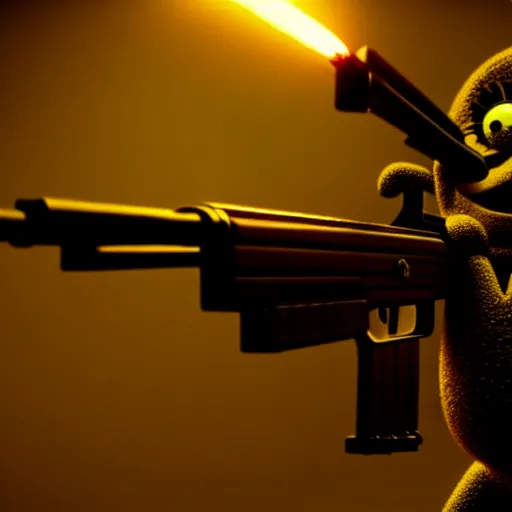 Image similar to high detail full body shot of spongebob squarepants shooting an ak - 4 7 machine gun with muzzle flash, cinematic framing, cinematic light, hard shadows, in the style of the movie lone survivor,