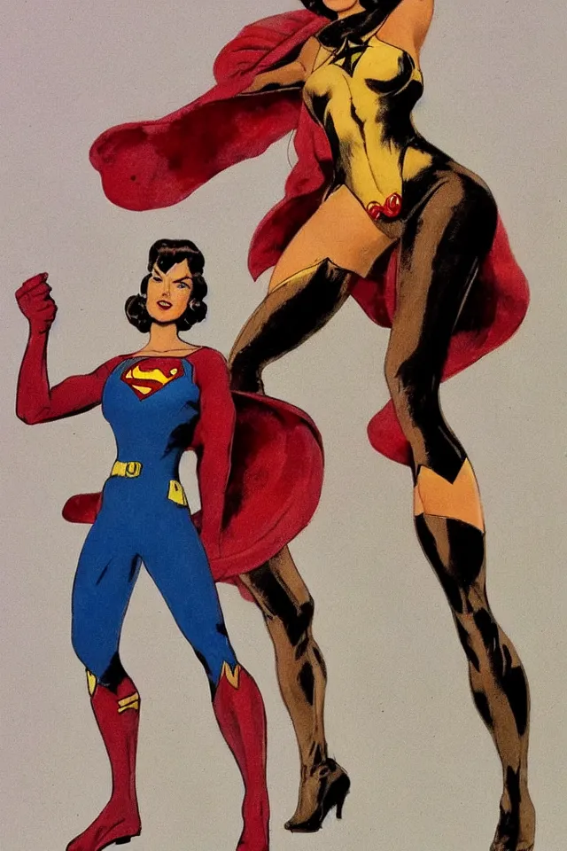 Prompt: full-length figure of a beautiful woman dressed as a super hero in the style of Frank Frazetta