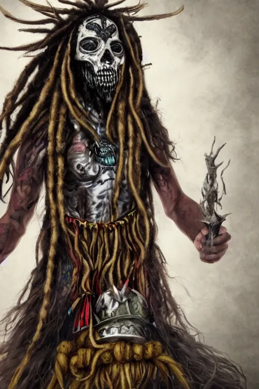 Image similar to a photorealistic of horror shaman with dreadlocks in sacrament of death and destruction