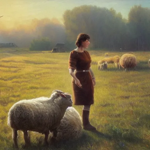 Prompt: oil painting of Mila Jovovich the frontier-woman inspecting a dead sheep at the cabin on the prairie, realistic, volumetric lighting, cinematic