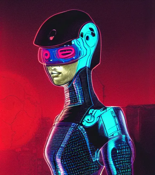 Image similar to robot woman with a projected hologram for a head, techwear, dead space, visible face, Industrial Scifi, detailed illustration, character portrait, by Martin Grip and Moebius
