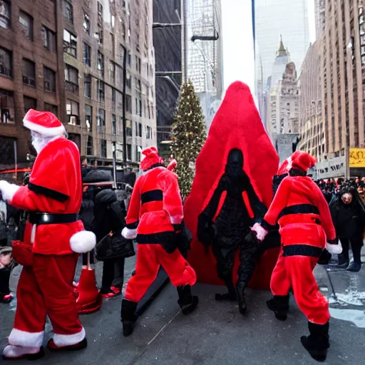 Image similar to a portal to hell opens in New York City during Santa Con