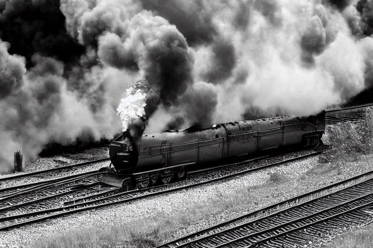 Image similar to black and white photograph of the lner a 4 mallard thundering down the rails at high speed, black smoke wooshing from the locomotive, cinematic, volumetric light, f 6 aperture, cinematic eastman 5 3 8 4 film