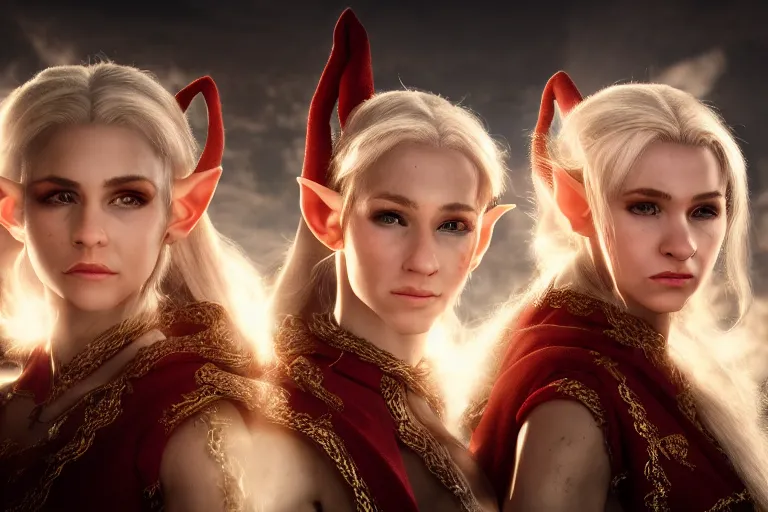 Image similar to a cinematic headshot portrait of three female elf warriors, 8 k, ultra realistic, dramatic lighting, mist