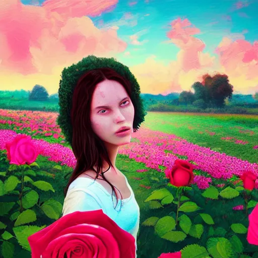 Image similar to large rose in face, girl frontal in a flower field, surreal photography, sunrise dramatic light, impressionist painting, colorful clouds, digital painting, artstation, simon stalenhag