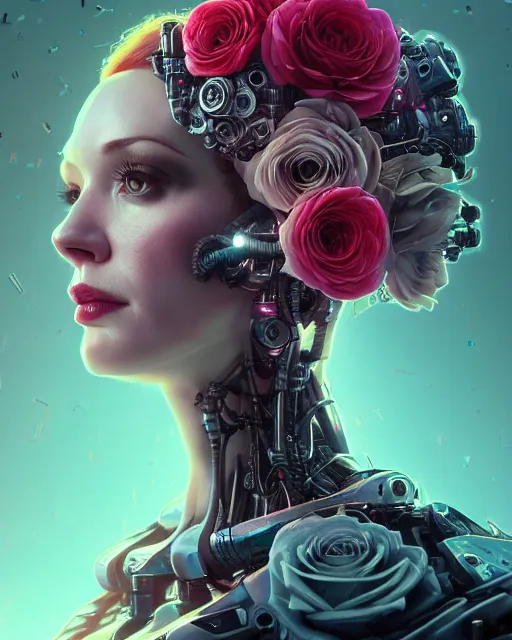 Image similar to portrait of christina hendricks with roses, cyberpunk cyborg. roses, sci - fi, intricate abstract upper body intricate artwork, by tooth wu, wlop, beeple, dan mumford. concept art, octane render, deviantart, greg rutkowski, cinematic arthouse, key art, hyper realism, iridescent accents