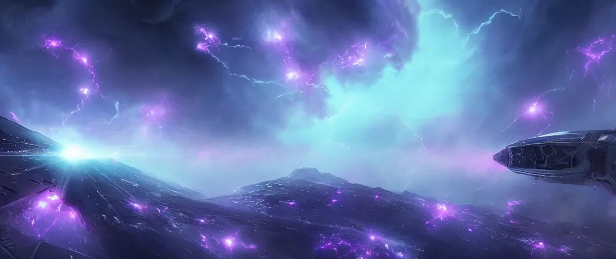 Prompt: purple lightning in space, stars, nebula, matte painting, futuristic, sci fi, digital painting, trending on artstation, high detail, void, interstellar