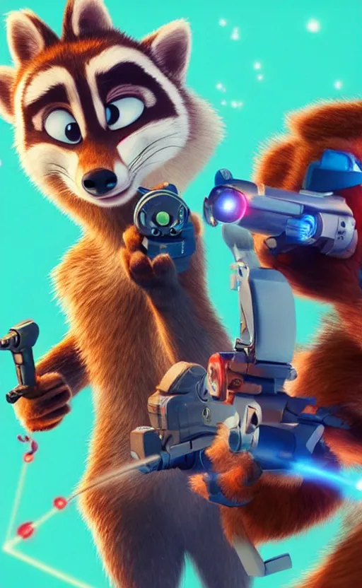 Image similar to “red racoon holding laser gun facing off with blue racoon holding laser gun, cinematic, dramatic in the style of zootopia”