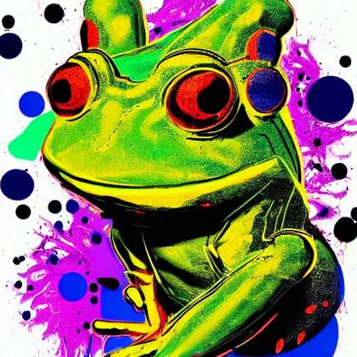 Prompt: illustration of cyberpunk frog, colorful splatters, by andy warhol and by zac retz and by kezie demessance