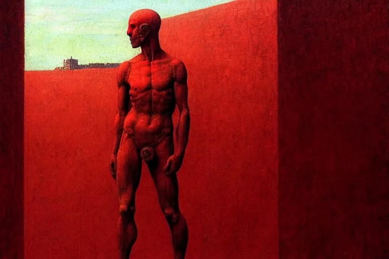 Image similar to only with red, caesar after war, a red tiger, in hoc signo vinces, rome in background, an ancient path, in the style of beksinski, part by hopper, part by rodcenko, part by hofbauer, intricate composition, red by caravaggio, insanely quality, highly detailed, masterpiece, red light, artstation