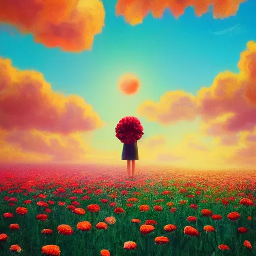 Image similar to head made of carnations flower, girl standing in a vast flower field, surreal photography, sunrise dramatic light, impressionist painting, colorful clouds, large sky, digital painting, artstation, simon stalenhag, flower face