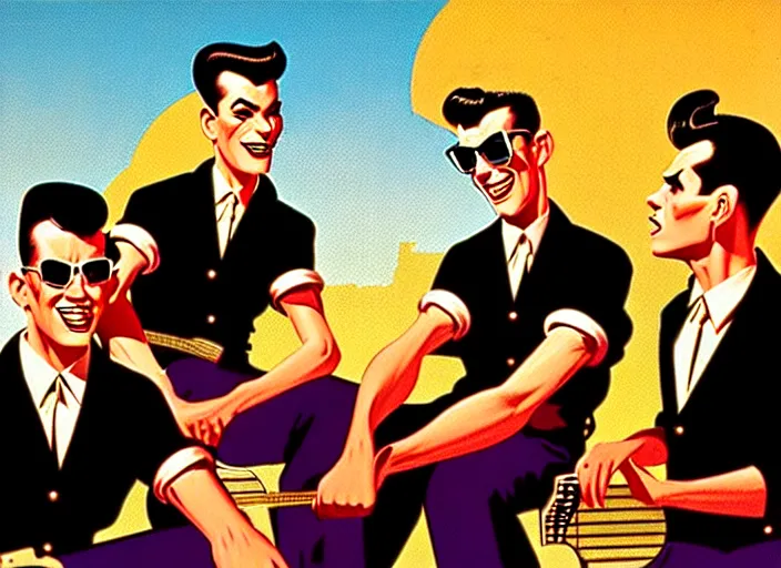 Prompt: rockabilly band 1950s, high detail, golden hour, 8K, by syd mead