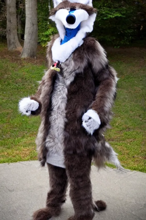 Prompt: an anthropomorphic wolf with a fluffy tail as a fursuit, cosplay