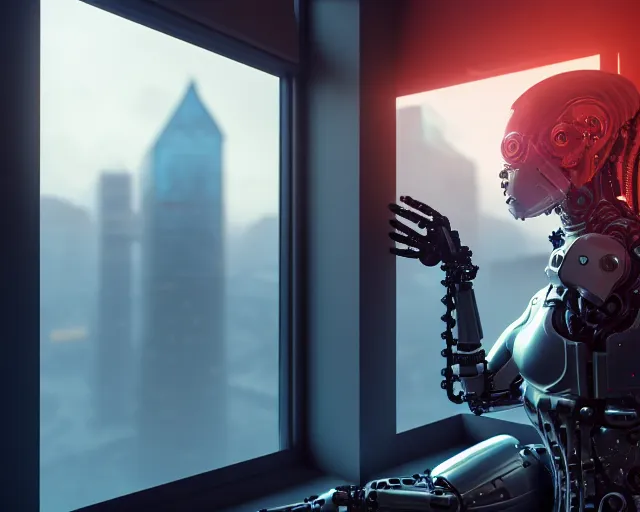 Prompt: portrait of an armored female with biomechanical cybernetic body who is drinking coffee near a window looking outside with dystopian city visible outside. very detailed 8 k. cyberpunk fantasy style. unreal engine render. global illumination. nanite. rtx. path tracing.