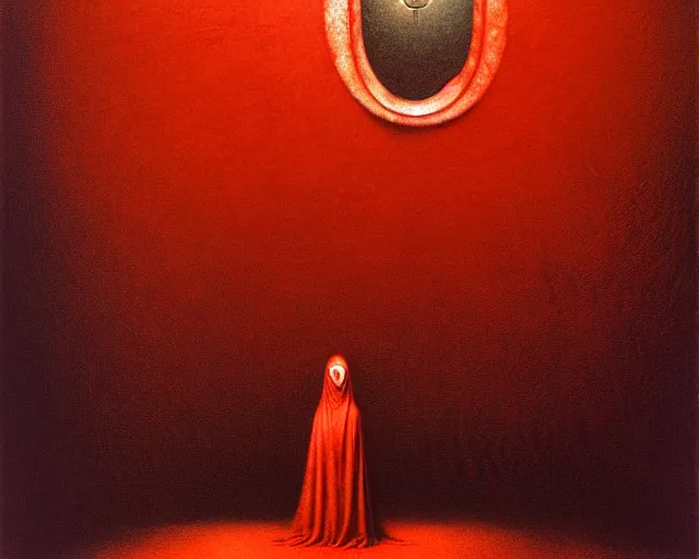 Image similar to lamprey by francis bacon, beksinski, mystical redscale photography evocative. devotion to the scarlet woman in her cathedral, priestess in a conical hat, coronation, ritual, sacrament