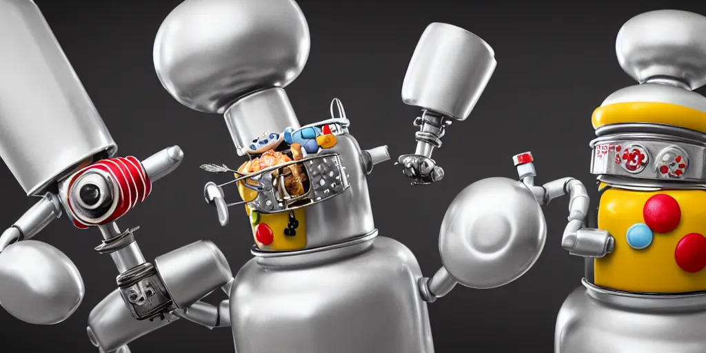 Image similar to closeup portrait of tin toy retro robot chef cooking pastry with vials in a chemical! scientific!! lab, depth of field, zeiss lens, detailed, centered, fashion photoshoot, by nicoletta ceccoli, mark ryden, lostfish, breathtaking, 8 k resolution, extremely detailed, beautiful, establishing shot, artistic, hyperrealistic, octane render