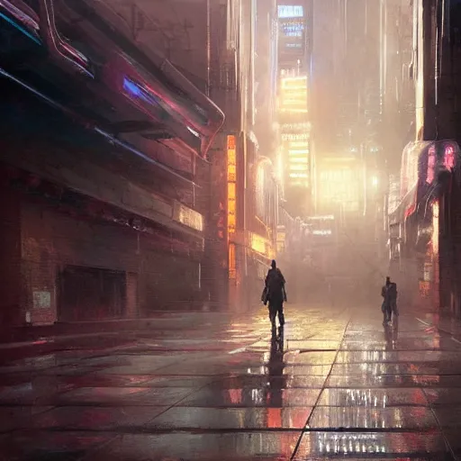 Image similar to doorway, empty sidewalk of a cyberpunk megacity, dramatic lighting, detailed background, gorgeous view, realistic, high detail, depth of field, lightrays, atmospheric, digital art, painted by greg rutkowski, painted by jeremy mann, trending on artstation