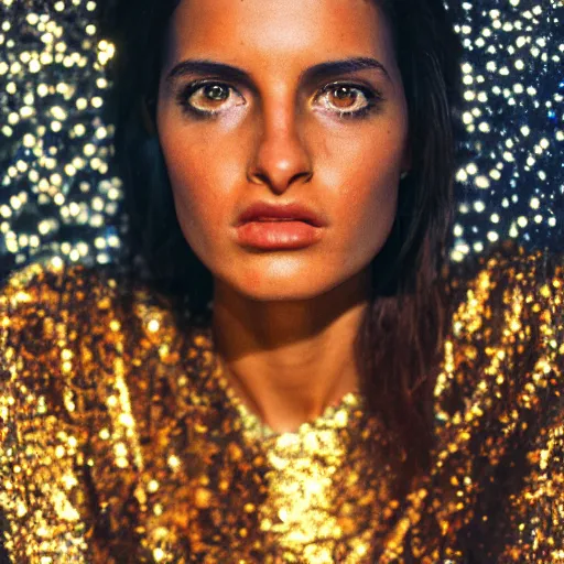 Prompt: A hyper realistic and detailed head portrait photography of a statuesque brunette wearing a gold shimmering dress on a futuristic street. by Annie Leibovitz. Neo noir style. Cinematic. neon lights glow in the background. Cinestill 800T film. Lens flare. Helios 44m