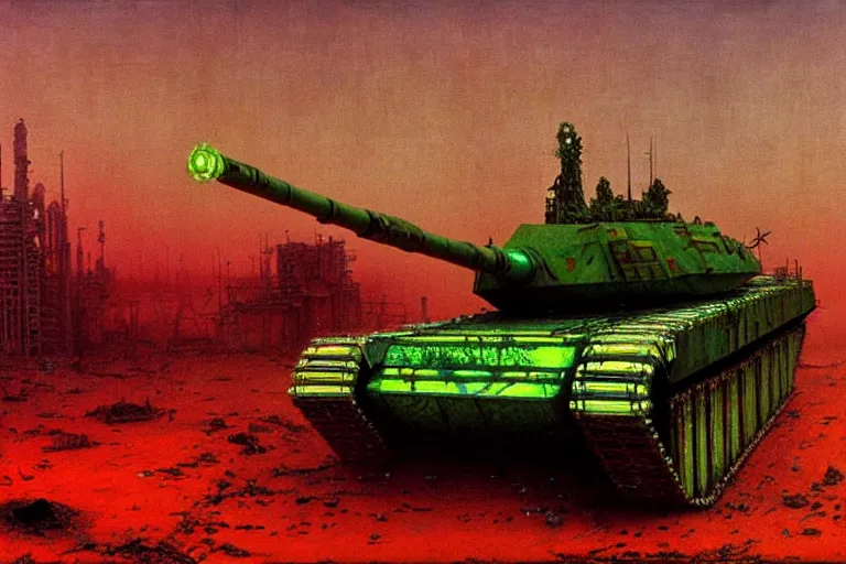 Prompt: glowing green alien crystals, polished green quartz surface irradiating radioactive zombie infested city, t - 9 0 tank, dark apocalyptic orange and red wasteland, beksinski