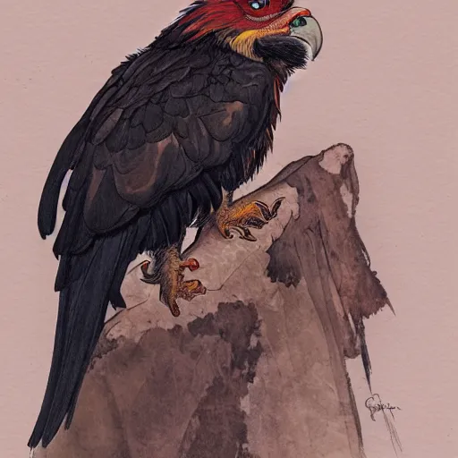 Image similar to a side portrait of a red bearded vulture, award winning, in the style of greg rutkowski and alphonse mucha, a fantasy gryphon