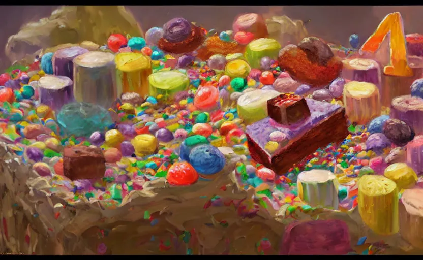 Image similar to a colorful digital painting of a cake with lots of sweets on it, by greg rutkowski and james gurney, sharp details, 8 k, highly detailed, matte background, trending on artstation