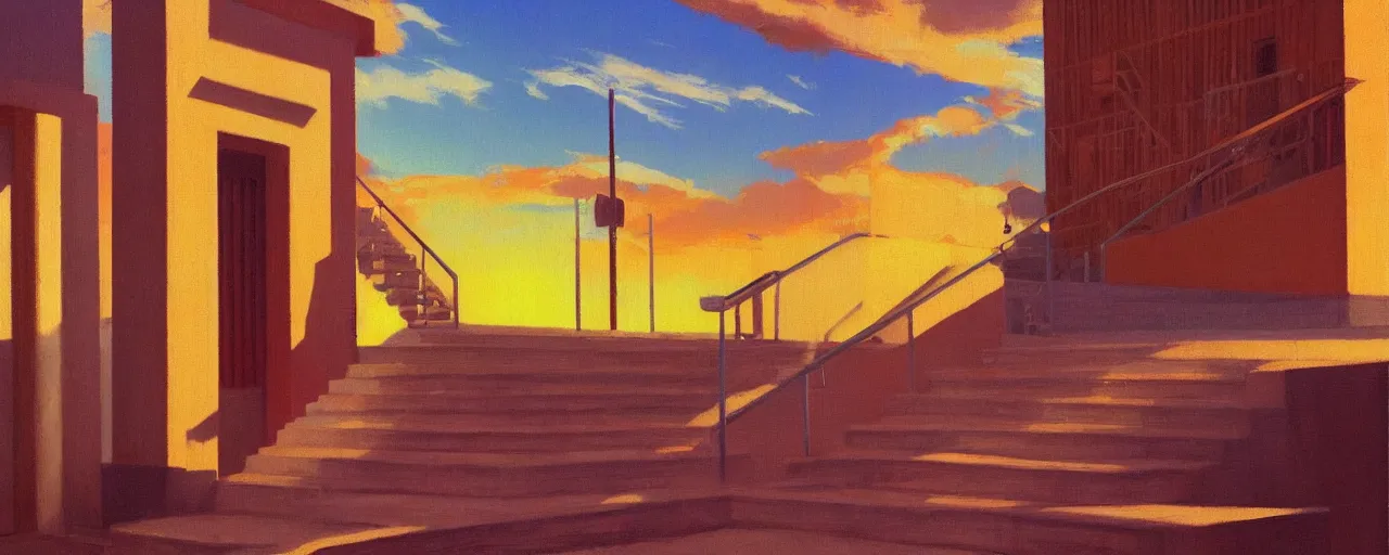 Image similar to A simplistic oilpainting of neo brutralism, a long stairway up, concept art, colorful, vivid colors, sunrise, warm colors, light, strong shadows, reflections, cinematic, 3D, in the style of Akihiko Yoshida and Edward Hopper