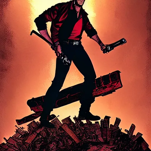 Prompt: ash Williams stands on a pile of deadites, wide angle, background is destroyed Detroit, dramatic lighting, concept art, award winning, illustration by  John Romita Jr.